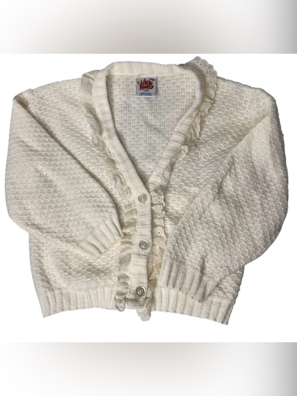 Vtg Little Funky Girls L/sleeve 3T-4T ? Sweater W/Ruffle Pearl Buttons White F-3